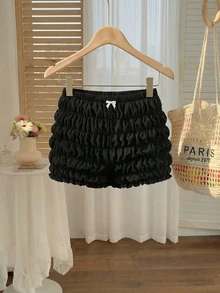 SHEIN MOD Shorts plisados y mini con decoración de lazo kawaii para mujer de tallas grandes con estampado de tomate - Negro - Ver 10
