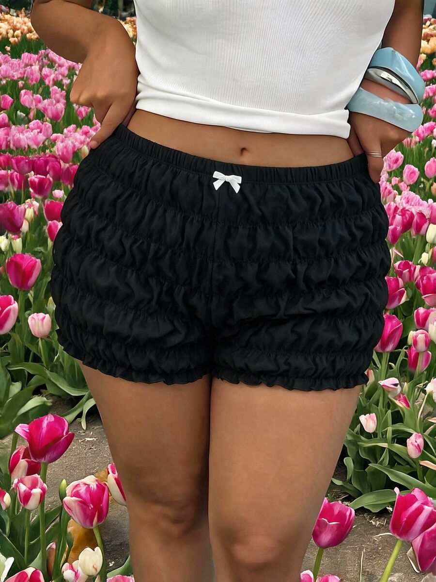 SHEIN MOD Shorts plisados y mini con decoración de lazo kawaii para mujer de tallas grandes con estampado de tomate