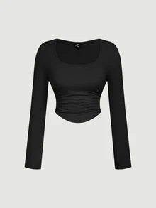 SHEIN MOD 3 Pack Plus Size Women's Square Neck Bodycon Long Sleeve Crop Tops,3pcs Pleated Smart Casual Business Casual Office Concert Autumn Black Brown Beige - Multicolor - View 6