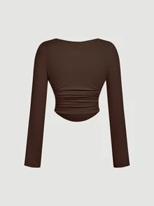 SHEIN MOD 3 Pack Plus Size Women's Square Neck Bodycon Long Sleeve Crop Tops,3pcs Pleated Smart Casual Business Casual Office Concert Autumn Black Brown Beige - Multicolor - View 12