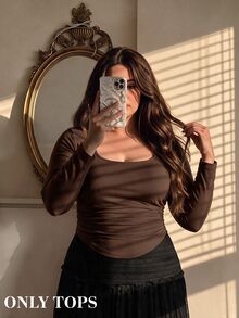 SHEIN MOD 3 Pack Plus Size Women's Square Neck Bodycon Long Sleeve Crop Tops,3pcs Pleated Smart Casual Business Casual Office Concert Autumn Black Brown Beige - Multicolor - View 1