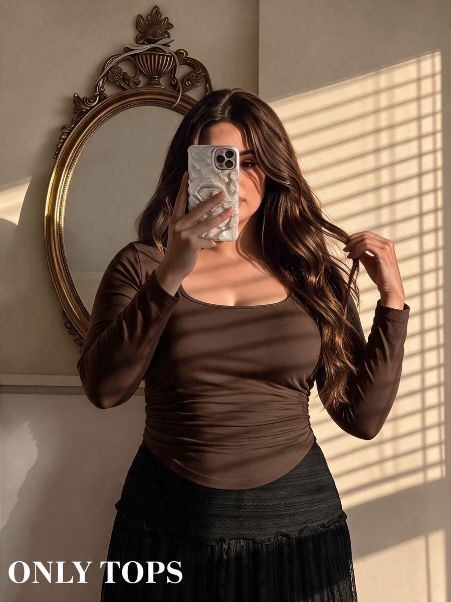 SHEIN MOD 3 Pack Plus Size Women's Square Neck Bodycon Long Sleeve Crop Tops,3pcs Pleated Smart Casual Business Casual Office Concert Autumn Black Brown Beige - Multicolor - View 1