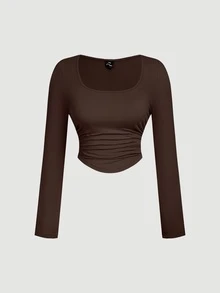 SHEIN MOD 3 Pack Plus Size Women's Square Neck Bodycon Long Sleeve Crop Tops,3pcs Pleated Smart Casual Business Casual Office Concert Autumn Black Brown Beige - Multicolor - View 7