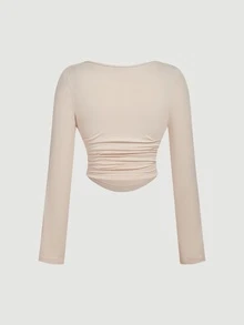 SHEIN MOD 3 Pack Plus Size Women's Square Neck Bodycon Long Sleeve Crop Tops,3pcs Pleated Smart Casual Business Casual Office Concert Autumn Black Brown Beige - Multicolor - View 11
