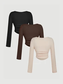 SHEIN MOD 3 Pack Plus Size Women's Square Neck Bodycon Long Sleeve Crop Tops,3pcs Pleated Smart Casual Business Casual Office Concert Autumn Black Brown Beige - Multicolor - View 3