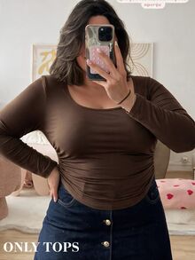 SHEIN MOD 3 Pack Plus Size Women's Square Neck Bodycon Long Sleeve Crop Tops,3pcs Pleated Smart Casual Business Casual Office Concert Autumn Black Brown Beige - Multicolor - View 4