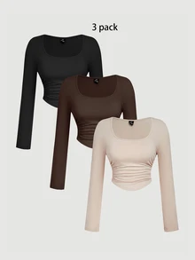 SHEIN MOD 3 Pack Plus Size Women's Square Neck Bodycon Long Sleeve Crop Tops,3pcs Pleated Smart Casual Business Casual Office Concert Autumn Black Brown Beige - Multicolor - View 2
