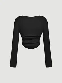 SHEIN MOD 3 Pack Plus Size Women's Square Neck Bodycon Long Sleeve Crop Tops,3pcs Pleated Smart Casual Business Casual Office Concert Autumn Black Brown Beige - Multicolor - View 8