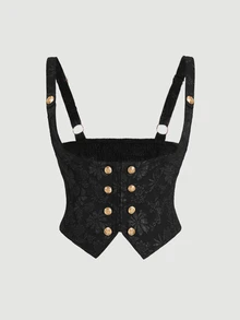 SHEIN MOD Plus Size Women Black Jacquard Vintage Sleeveless Chic Jacquard Camisole Top With Gold Button Detail , Spring/Summer, Valentine's Day - Black - View 2