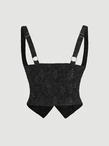 SHEIN MOD Plus Size Women Black Jacquard Vintage Sleeveless Chic Jacquard Camisole Top With Gold Button Detail , Spring/Summer, Valentine's Day - Black - View 3