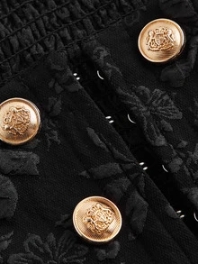 SHEIN MOD Plus Size Women Black Jacquard Vintage Sleeveless Chic Jacquard Camisole Top With Gold Button Detail , Spring/Summer, Valentine's Day - Black - View 6