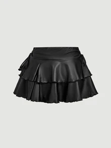 SHEIN MOD Plus Size Women's Black PU Drawstring Tie-Knot Double-Layer Cake Skirt, Goth Ruffle Mini Skirt For Summer, Night Out Party Festival, Gothic Micro - Black - View 3