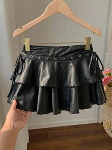 SHEIN MOD Plus Size Women's Black PU Drawstring Tie-Knot Double-Layer Cake Skirt, Goth Ruffle Mini Skirt For Summer, Night Out Party Festival, Gothic Micro - Black - View 8