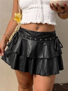 SHEIN MOD Plus Size Women's Black PU Drawstring Tie-Knot Double-Layer Cake Skirt, Goth Ruffle Mini Skirt For Summer, Night Out Party Festival, Gothic Micro - Black - View 9