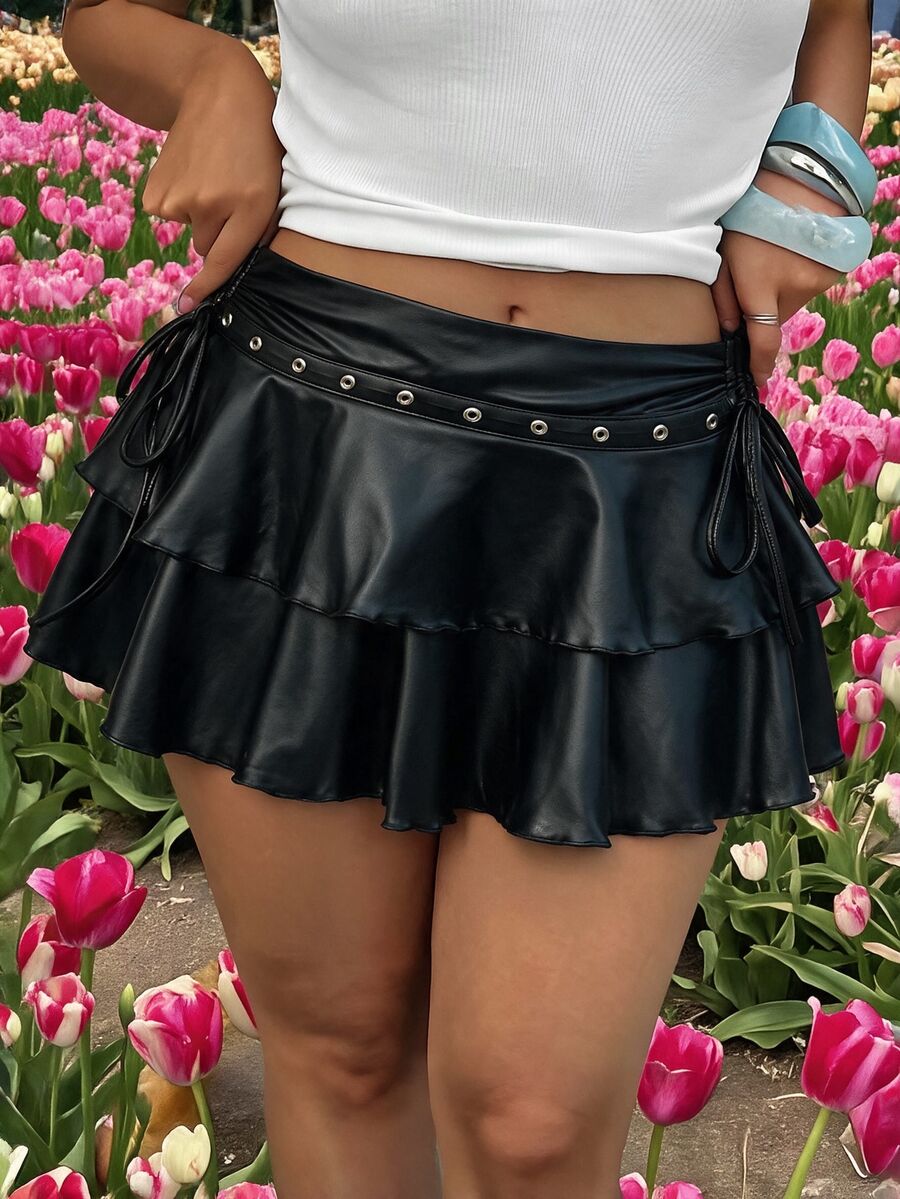 SHEIN MOD Plus Size Women's Black PU Drawstring Tie-Knot Double-Layer Cake Skirt, Goth Ruffle Mini Skirt For Summer, Night Out Party Festival, Gothic Micro - Black - View 1