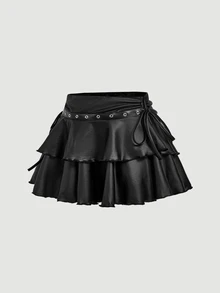 SHEIN MOD Plus Size Women's Black PU Drawstring Tie-Knot Double-Layer Cake Skirt, Goth Ruffle Mini Skirt For Summer, Night Out Party Festival, Gothic Micro - Black - View 2
