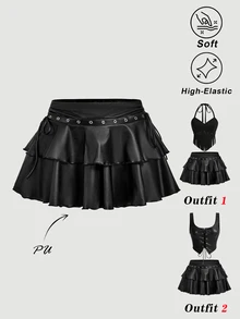 SHEIN MOD Plus Size Women's Black PU Drawstring Tie-Knot Double-Layer Cake Skirt, Goth Ruffle Mini Skirt For Summer, Night Out Party Festival, Gothic Micro - Black - View 5