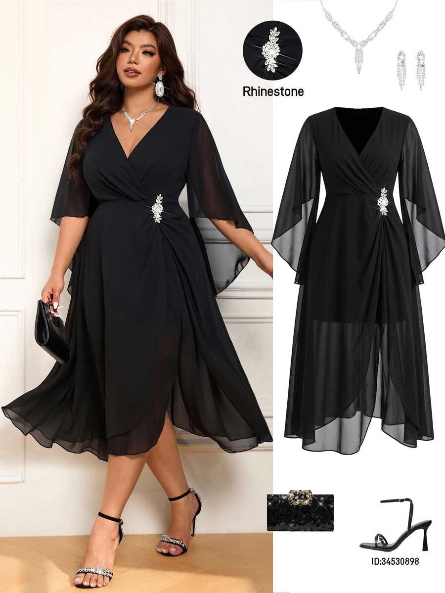 Femmeverse Plus Size Elegant Party Formal Cocktail Rhinestone Embellished Wrap Dress Fall Wedding Halloween Black - Black - View 1