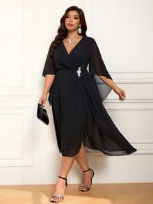 Femmeverse Plus Size Elegant Party Formal Cocktail Rhinestone Embellished Wrap Dress Fall Wedding Halloween Black - Black - View 6