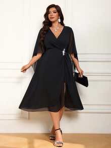 Femmeverse Plus Size Elegant Party Formal Cocktail Rhinestone Embellished Wrap Dress Fall Wedding Halloween Black - Black - View 3