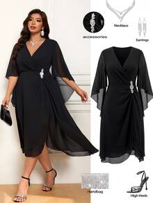 Femmeverse Plus Size Elegant Party Formal Cocktail Rhinestone Embellished Wrap Dress Fall Wedding Halloween Black - Black - View 8