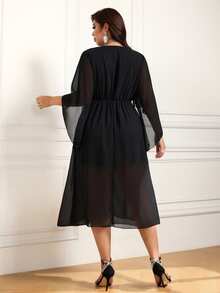 Femmeverse Plus Size Elegant Party Formal Cocktail Rhinestone Embellished Wrap Dress Fall Wedding Halloween Black - Black - View 2