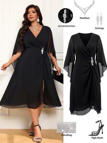Femmeverse Plus Size Elegant Party Formal Cocktail Rhinestone Embellished Wrap Dress Fall Wedding Halloween Black - Black - View 7