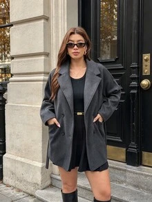 Vionelle Plus Size Women's 2 In 1 Hooded Coat With Detachable Hood, Pockets, Cinched Waist, Loose Fit, Thick Wool Blend Jacket, Autumn/Winter - Dark Grey - View 3