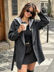 Vionelle Plus Size Women's 2 In 1 Hooded Coat With Detachable Hood, Pockets, Cinched Waist, Loose Fit, Thick Wool Blend Jacket, Autumn/Winter - Dark Grey - View 5