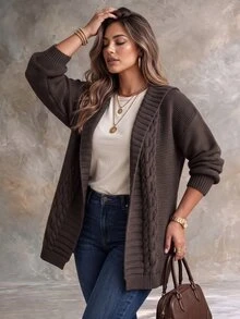 Ceyna Plus Size Women Fashion Large Lapel Cable Knit Brown Cardigan Sweater Casual Daily Versatile Autumn Winter Outerwear - Brown - View 4