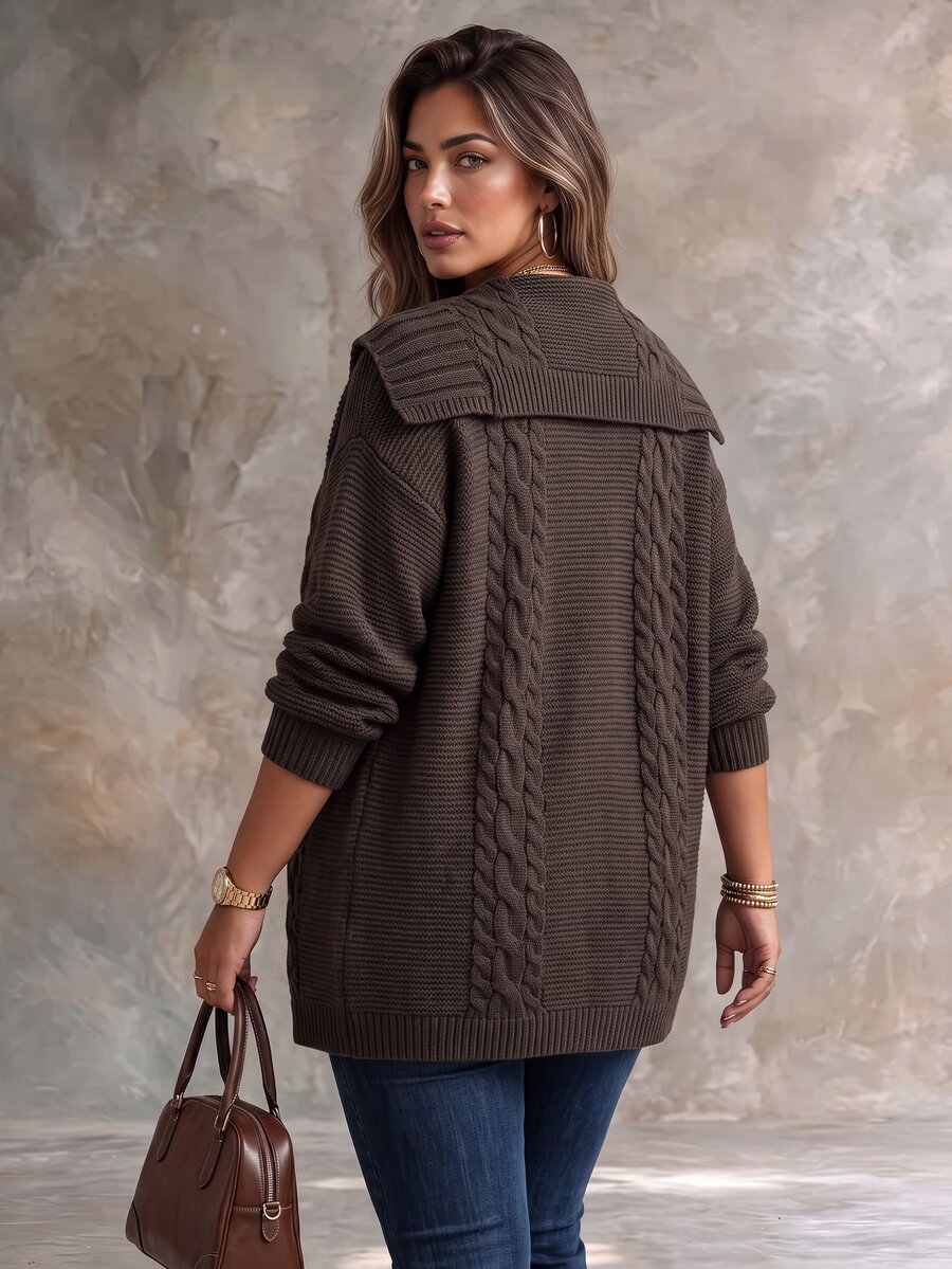 Ceyna Plus Size Women Fashion Large Lapel Cable Knit Brown Cardigan Sweater Casual Daily Versatile Autumn Winter Outerwear - Brown - View 1