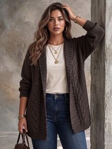 Ceyna Plus Size Women Fashion Large Lapel Cable Knit Brown Cardigan Sweater Casual Daily Versatile Autumn Winter Outerwear - Brown - View 3