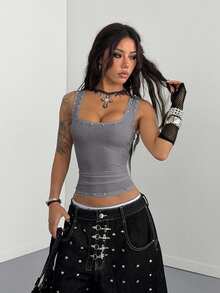 StreetHx Women's Fashionable Metal Decor Grey Tank Top Night Out Summer Goth - Dark Grey - View 3