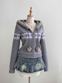 Elamini Grey Fair Isle Style Vintage Casual Fashion Romantic Commute Cute Hooded Fur Collar Knit Zip-Up Cardigan For Women - Grey - View 1