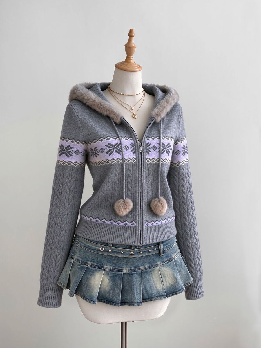 Elamini Grey Fair Isle Style Vintage Casual Fashion Romantic Commute Cute Hooded Fur Collar Knit Zip-Up Cardigan For Women - Grey - View 1