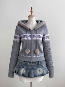 Elamini Grey Fair Isle Style Vintage Casual Fashion Romantic Commute Cute Hooded Fur Collar Knit Zip-Up Cardigan For Women - Grey - View 5