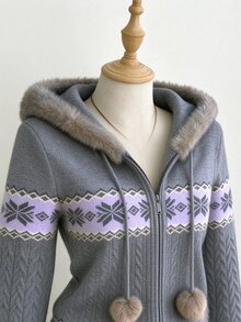 Elamini Grey Fair Isle Style Vintage Casual Fashion Romantic Commute Cute Hooded Fur Collar Knit Zip-Up Cardigan For Women - Grey - View 4