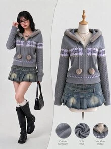 Elamini Grey Fair Isle Style Vintage Casual Fashion Romantic Commute Cute Hooded Fur Collar Knit Zip-Up Cardigan For Women - Grey - View 3