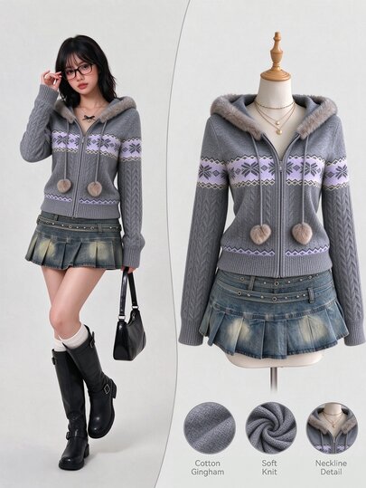 Mori Grove Mori Grove Grey Fair Isle Style Vintage Casual Fashion Romantic Commute Cute Hooded Fur Collar Knit Zip-Up Cardigan For Women