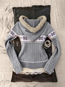 Elamini Grey Fair Isle Style Vintage Casual Fashion Romantic Commute Cute Hooded Fur Collar Knit Zip-Up Cardigan For Women - Grey - View 2
