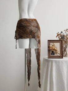 Elamini Vintage Punk-Style Metal Waist Belt With Asymmetrical Mesh Splice, Low Waist Mini Skirt - Brown - View 3