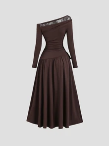 Sweetra Women's New Elegant Contrast Lace Solid Color Bowknot Long Sleeve Stretchy Midi Dress - Brown - View 2