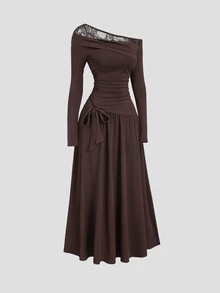 Sweetra Women's New Elegant Contrast Lace Solid Color Bowknot Long Sleeve Stretchy Midi Dress - Brown - View 5