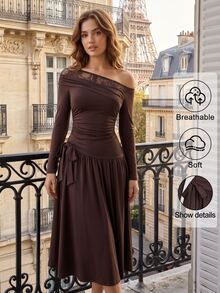 Sweetra Women's New Elegant Contrast Lace Solid Color Bowknot Long Sleeve Stretchy Midi Dress - Brown - View 3