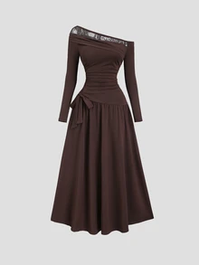 Sweetra Women's New Elegant Contrast Lace Solid Color Bowknot Long Sleeve Stretchy Midi Dress - Brown - View 1