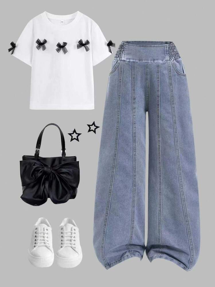 SHEIN Tween Girls High Waist Wide Leg Jeans, Casual Streetwear Vacation Style, Light Blue Washed Denim Color, Elastic Waistband + Seam Split Design, Loose - Light Wash - View 7