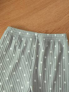 2件組女嬰長袖褲裝，羅紋布料豆綠色波點印花，簡約休閒舒適柔軟，前開襟荷葉邊下擺甜美波浪邊居家服，抓絨內裡睡衣套裝，秋冬款 - 彩色 - 查看 5