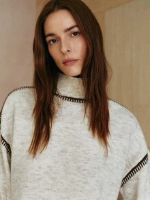 MOTF PREMIUM SMALL MOCK NECK CONTRAST COLOR CROCHET DETAIL PULLOVER SWEATER TOP, AUTUMN/WINTER - Apricot - View 2