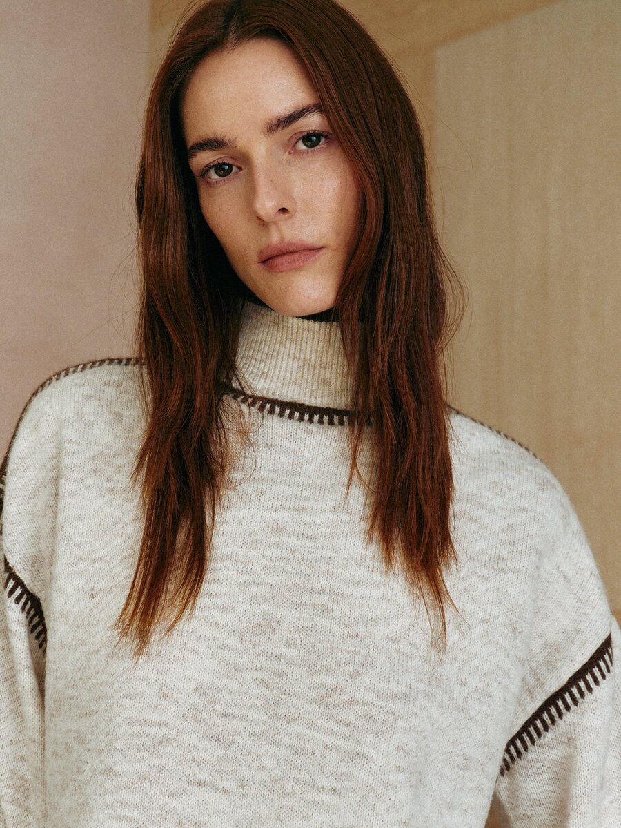 MOTF PREMIUM SMALL MOCK NECK CONTRAST COLOR CROCHET DETAIL PULLOVER SWEATER TOP, AUTUMN/WINTER - Apricot - View 2