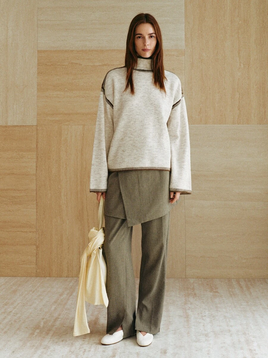 MOTF PREMIUM SMALL MOCK NECK CONTRAST COLOR CROCHET DETAIL PULLOVER SWEATER TOP, AUTUMN/WINTER - Apricot - View 1